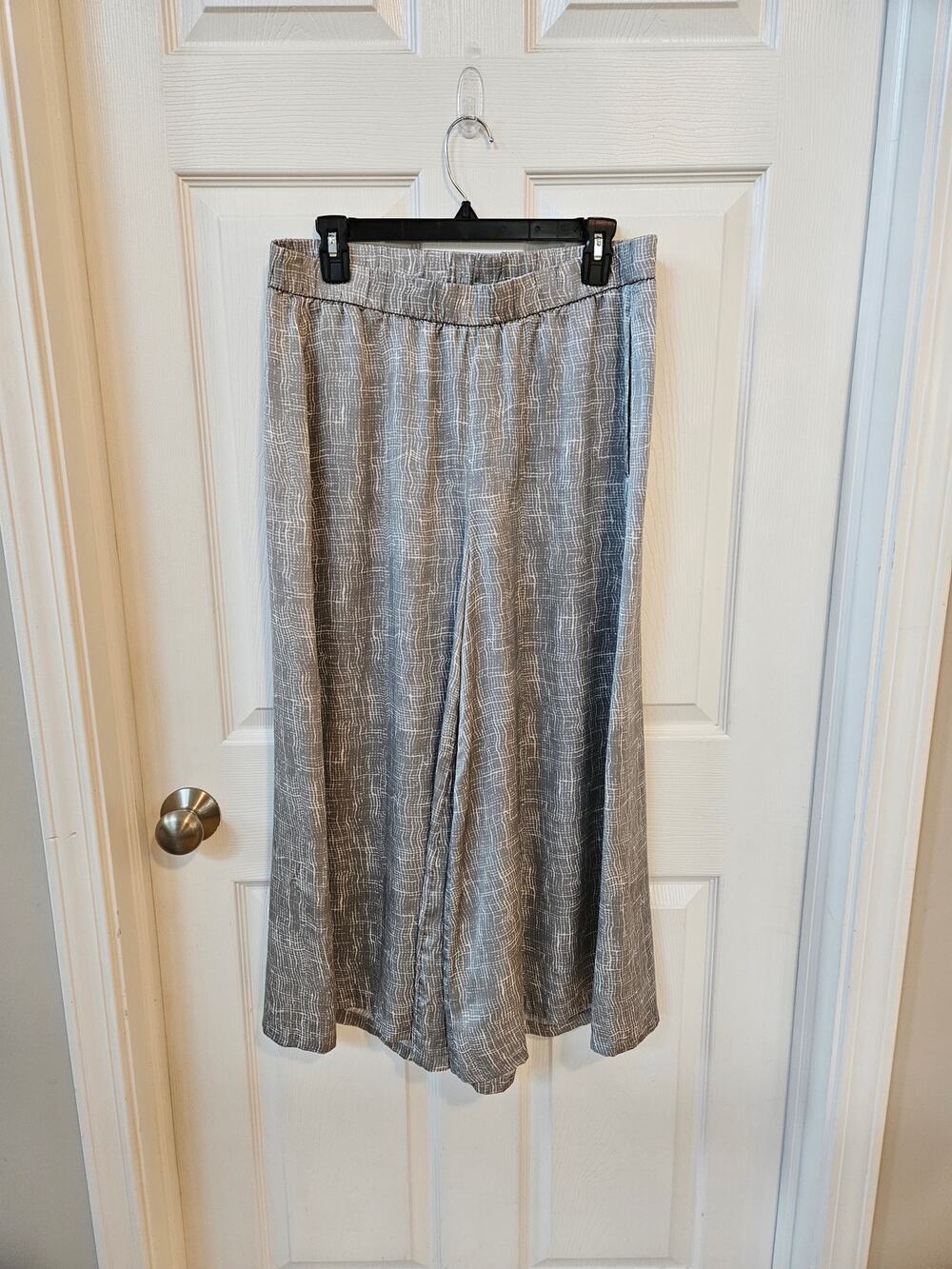Eileen Fisher Silk Organic Cotton Wide Leg Crop Pants Gray Print M Medium